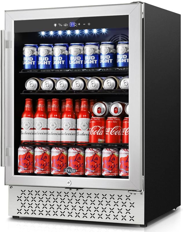 Photo 1 of TYLZA Beverage Refrigerator 24 Inch, 190 Can Built-in/Freestanding Beverage Cooler Fridge with Glass Door and Advanced Cooling Compressor for Beer and Soda or Wine, Low Noise, 37-64 F
