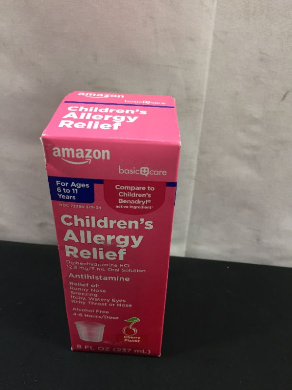 Photo 3 of  Basic Care Children's Allergy Relief, Diphenhydramine HCl 12.5 mg/5 mL Oral Solution, Antihistamine, Cherry Flavor, 8 Fluid Ounces Exp--01-2023