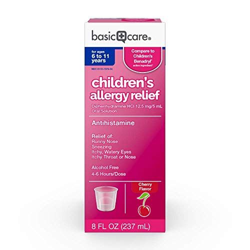 Photo 1 of  Basic Care Children's Allergy Relief, Diphenhydramine HCl 12.5 mg/5 mL Oral Solution, Antihistamine, Cherry Flavor, 8 Fluid Ounces Exp--01-2023