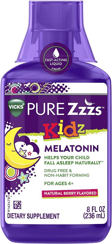 Photo 1 of Vicks PURE Zzzs Kidz, Melatonin Sleep Aid Liquid for Kids and Children, Natural Berry Flavor, Non-Habit Forming, Drug-free, 8 FL Oz***Exp--Oct-2022
