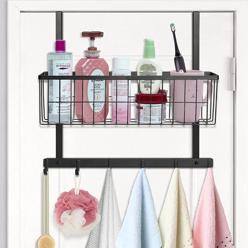 Photo 4 of ***NEW BRAND FACTORY SEALED***Over the Door Hooks with Mesh Basket, Bathroom Door Rack with 6 Hooks for Hanging Towel, Door Coat Hanger with Adjustable Shelf for Bedroom, Hook for Door with Storage Organizer for Laundry Kitchen
