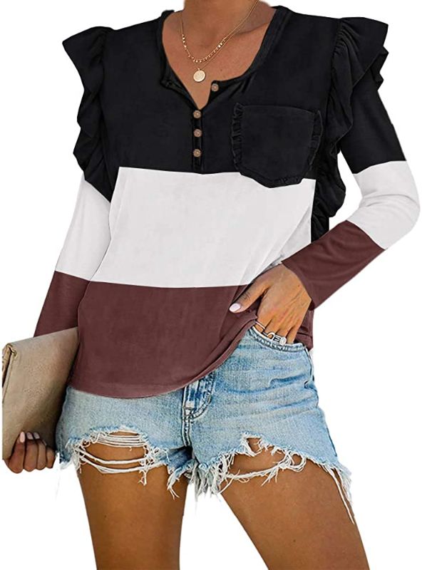 Photo 1 of  WOMENS COLOR BLOCK LONG SLEEVE SHIRT CREW NECK RUFFLE TRIM BUTTON DOWN ELEGANT TOPS SIZE SMALL 