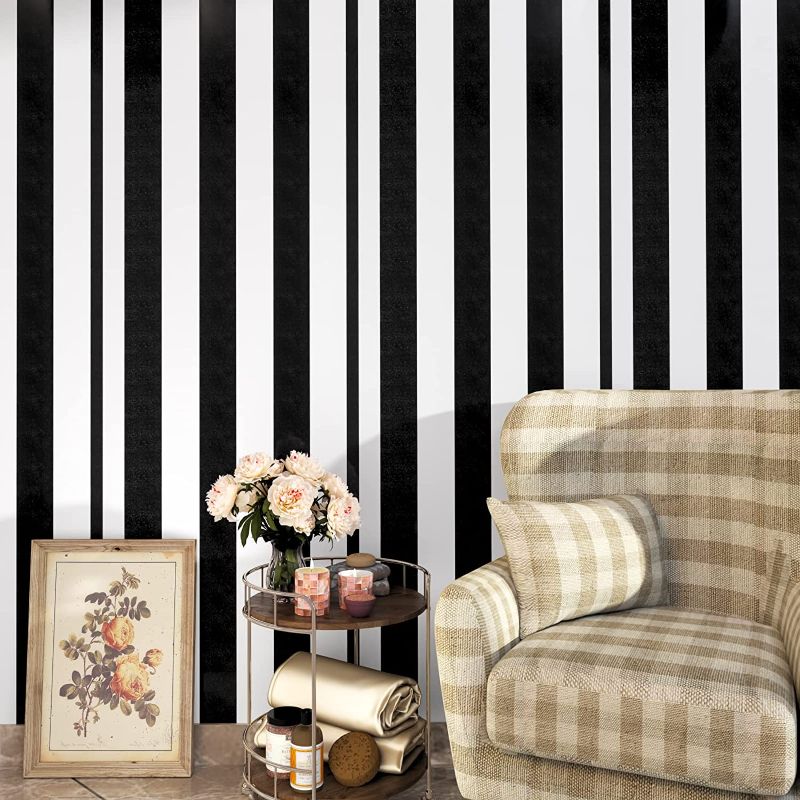 Photo 1 of Yenhome Stripe Black and White Wallpaper for Bedroom Self Adhesive Wallpaper Stick and Peel Black and White Contact Paper Decorative Removable Wall Paper Roll for Cabinets Drawer Liners 17.7"x120"