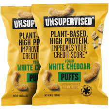 Photo 1 of  Unsupervised High Protein Vegan Snacks - 2 Pack of White Cheddar Cheese Puffs, Plant Based Food, Gluten Free Snack for Paleo, Diabetic & Ketogenic Friendly Diet, Healthy Low Carb Crisps & Keto Chips
EXP7/2022
