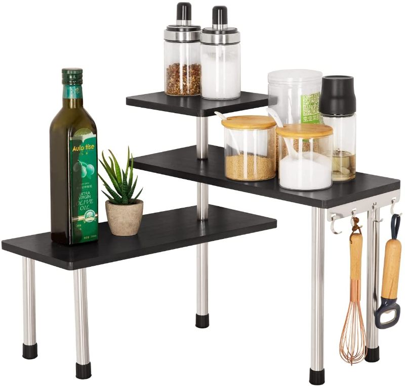 Photo 1 of 3 Tier Corner Shelf, Adjustable Bamboo Storage Spice Rack with Hooks, Freestanding Space Saving Counter Display Shelf for Kitchen, Office and Bedroom Adjustable(Black)
