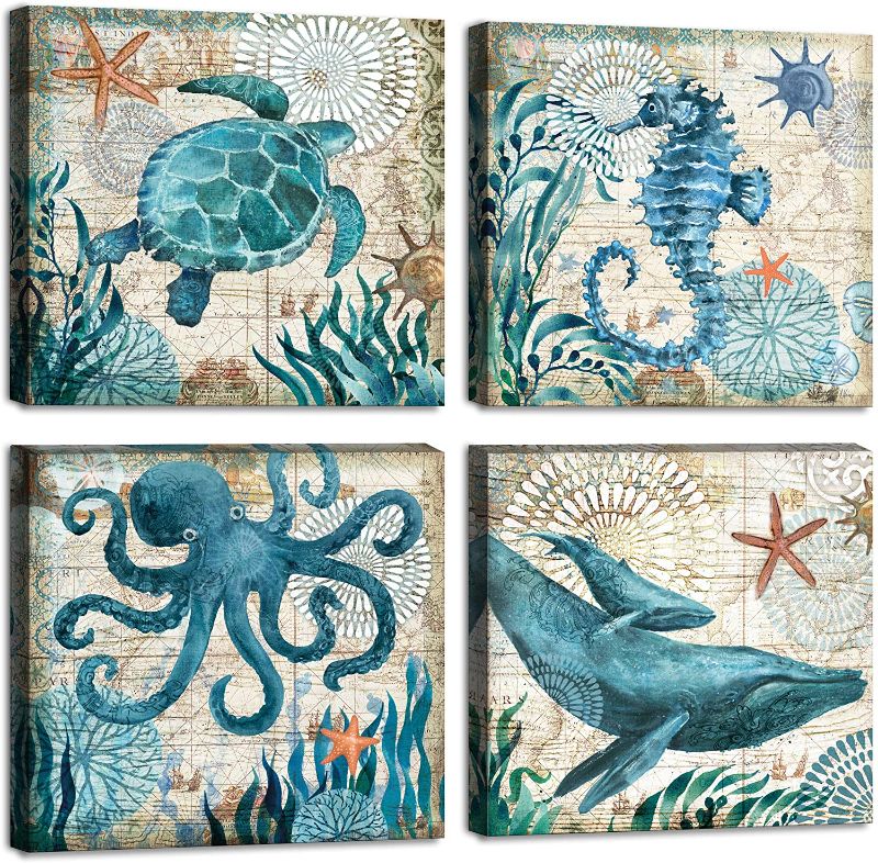 Photo 1 of 12x12x4 in Marine Life Bathroom Wall Art Ocean Sea Life Print Canvas Artwork Vintage Sea Turtle Painting Set 4 Piece Frame Ready to Hang for Living Room
