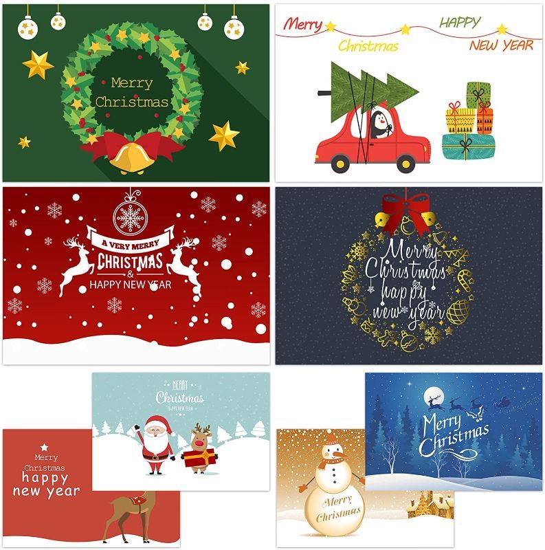 Photo 1 of 48 Pack Merry Christmas Cards, Unique Designs Holiday Greeting Cards, Winter Happy New Year Holiday Xmas Happy New Year Greeting Cards with Envelopes (factory sealed)
