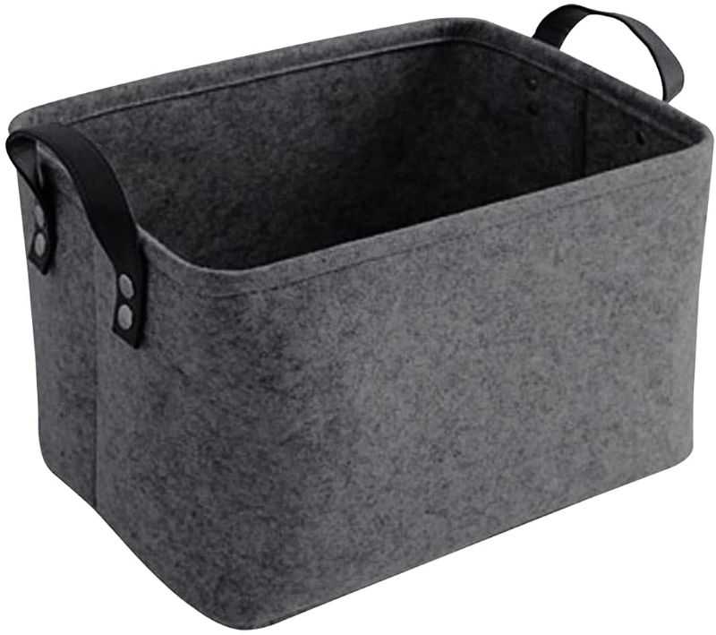 Photo 2 of AkiiGer Felt Storage Basket, Foldable Felt Basket Storage Box Open Storage Bin Laundry Hamper with Handles Shelf Basket Storage Basket Bin Organizer for Clothing, Magazine, Toys (Deep Grey)
