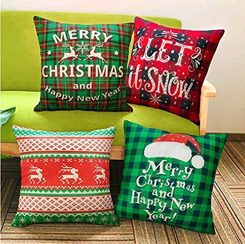 Photo 1 of 4 Set 18x18 Inches Linen Christmas Pillowcase Red&Green Plaid Deer Red Buffalo Plaid Pillow Covers
