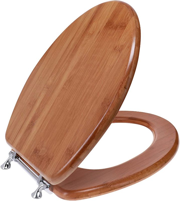 Photo 1 of Ginsey Elongated Bamboo Wood Toilet Seat with Chrome Hinges, Bamboo
