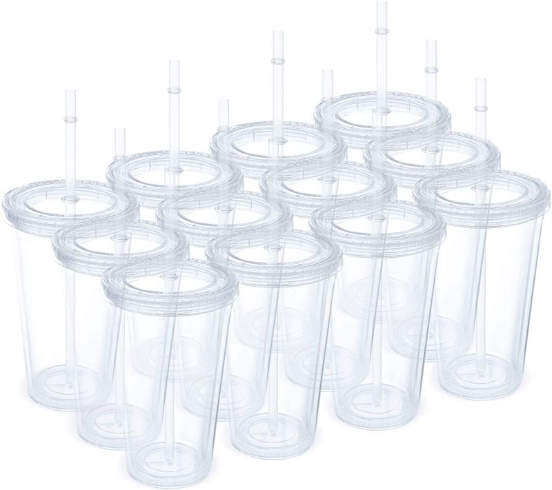 Photo 1 of 12 Pack Clear Insulated Tumblers, Plastic Tumbler Cups, Double Wall Tumblers, 16Oz Acrylic Insulated Tumbler Cups with Lid and Reusable Straw
