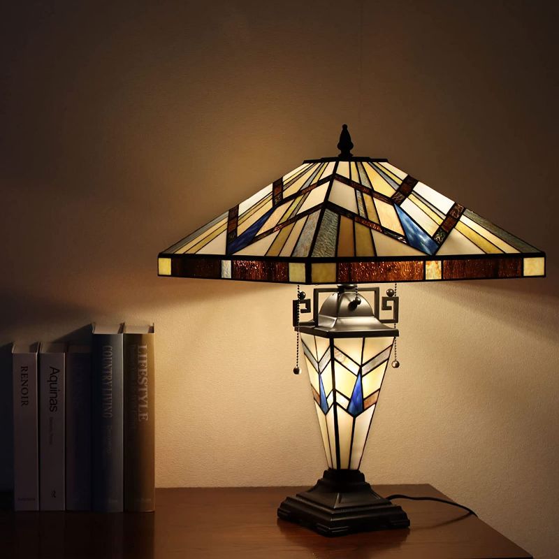 Photo 1 of Capulina Lighting Tiffany Lamp 3 Light with Pull Chain Stained Glass Mission Style Table Lamp Shade Antique Desk Lamp with Night Light for Coffee Table Set Living Room Bedroom 23 inch Tall CL164239DT
