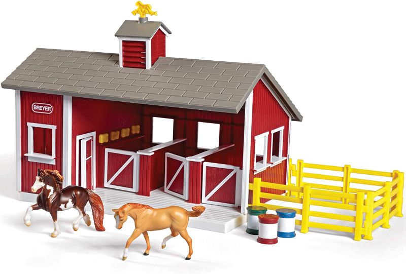Photo 1 of Breyer Stablemates Red Stable and Horse Set | 12 Piece Play set with 2 Horses | 11.5"L x 7.5"W x 9.25"H | 1:32 Scale | Model #59197
