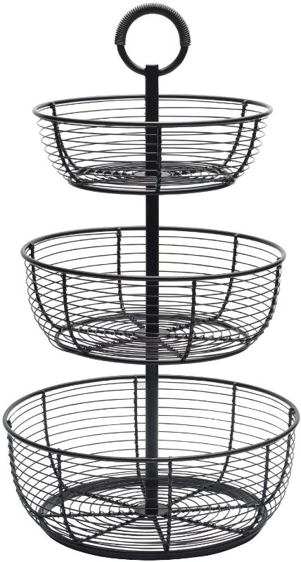 Photo 1 of Gourmet Basics by Mikasa Round Wrap 3-Tier Metal Floor Standing Fruit/Home Storage Basket, Easy Assembly, Antique Black
