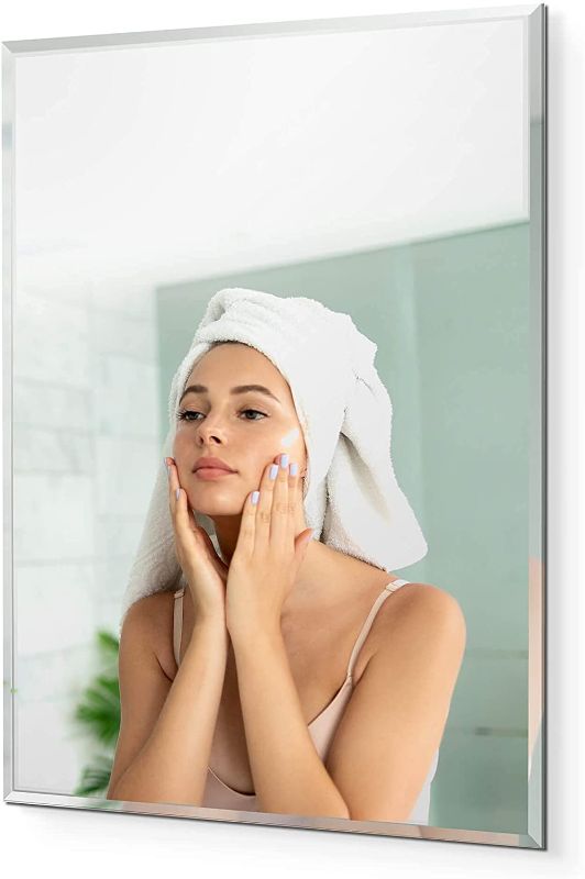 Photo 1 of Fab Glass and Mirror 30 x 40 Inch Large Rectangle Frameless Wall Mounted Mirror with Hooks I 1" Beveled Silver Vanity Bathroom Mirror
