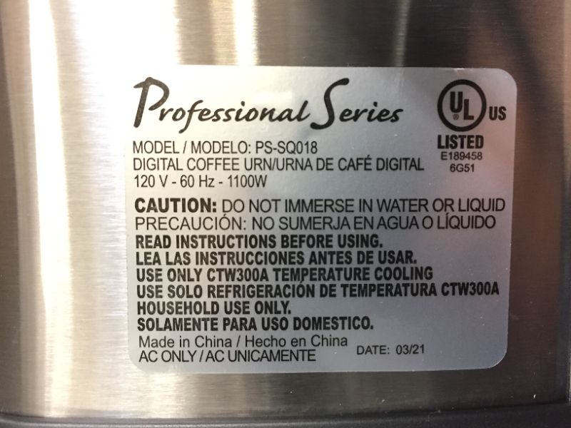 Photo 6 of Professional Series PS-SQ018 50-Cup Coffee Urn, Stainless Steel
** DENT OF SIDE **