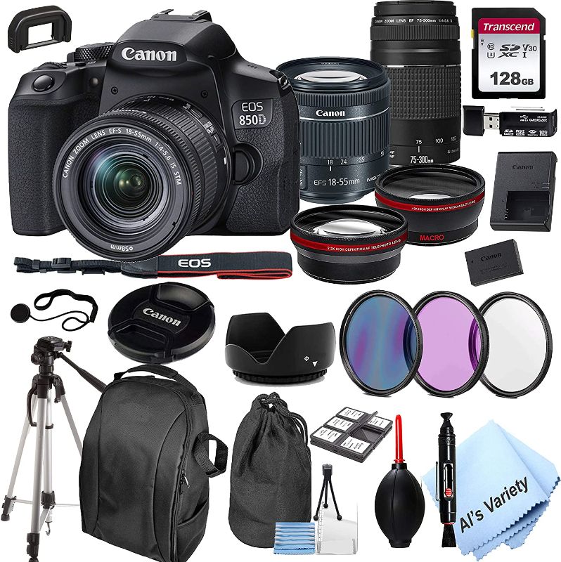 Photo 1 of Canon EOS 850D (Rebel T8i)DSLR Camera with 18-55mm f/4-5.6 IS STM Zoom Lens + 75-300mm F/4-5.6 III Lens + 128GB Card, Filters, 2X Telephoto Lens, HD Wide Angle Lens, Hood, Lens Pouch, and More (28pcs)
