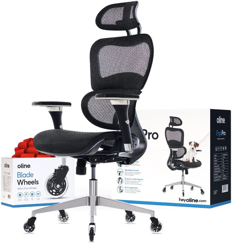 Photo 1 of Oline ErgoPro Ergonomic Office Chair - Rolling Home Desk Chair with 4D Adjustable Armrest, 3D Lumbar Support and Blade Wheels - Mesh Computer Chair, Gaming Chairs, Executive Swivel Chair (Black)
