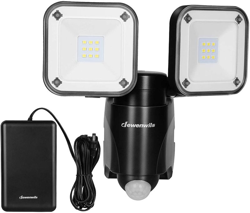 Photo 1 of DEWENWILS Battery Powered Motion Sensor Security Lights, 800LM LED Flood Light Outdoor, 6000K, IP44 Waterproof, Exterior Battery Box Operated, Dual Head Motion Light for Garage, Yard, Porch, Patio
