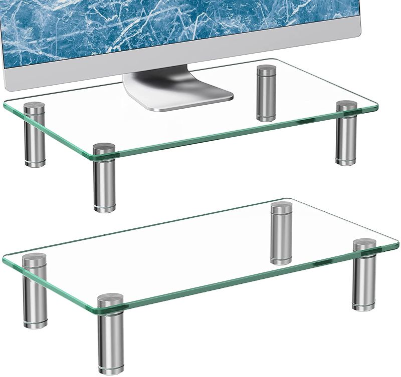 Photo 1 of 2 Pack Monitor Stand Riser, Height Adjustable Tempered Glass Computer Monitor Riser for Laptop, Computer, PC, Printer, Clear Monitor Stands for 2 Monitor