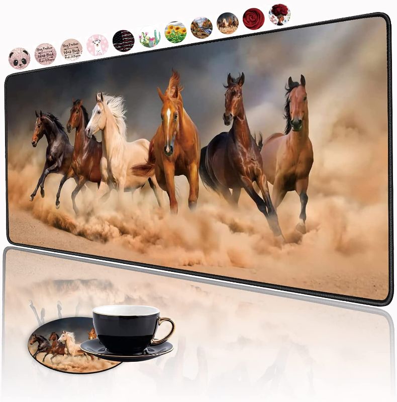 Photo 1 of 12x30 desk mat XXL Large Gaming Mouse Pad , Ergonomic Larger Extended Gaming Mouse Pad Non-Slip Rubber Base for Work Gaming Office Home Computer + Cup Coaster , Running Horse Animal
