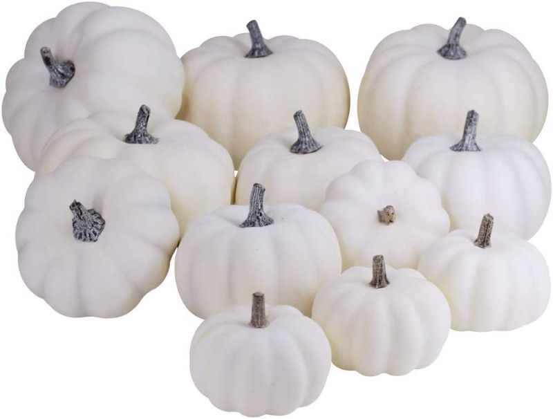 Photo 1 of 12 PCS Assorted Sizes Rustic Harvest White Artificial Pumpkins for Halloween, Fall Thanksgiving Decorating Harvest Embellishing and Displaying
