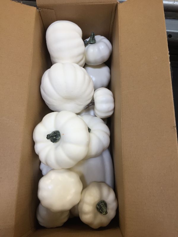 Photo 2 of 12 PCS Assorted Sizes Rustic Harvest White Artificial Pumpkins for Halloween, Fall Thanksgiving Decorating Harvest Embellishing and Displaying
