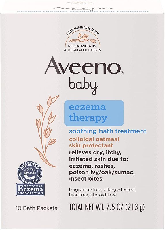 Photo 1 of Aveeno Baby Eczema Therapy Soothing Bath Treatment for Relief of Dry, Itchy & Irritated Skin, Made with Natural Colloidal Oatmeal, Fragrance-, Paraben-, Steroid- & Tear-Free, 10 ct
