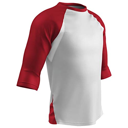 Photo 1 of CHAMPRO Complete Game 3/4 Sleeve Polyester Baseball Shirt, White/Scarlet Sleeve, Adult XL