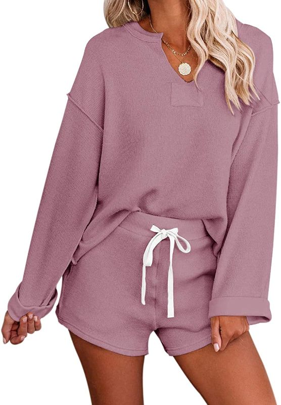 Photo 1 of Women's Two Piece Pajama Set, Long Sleeve Henley Top with Drawstring Shorts; Pink, Medium