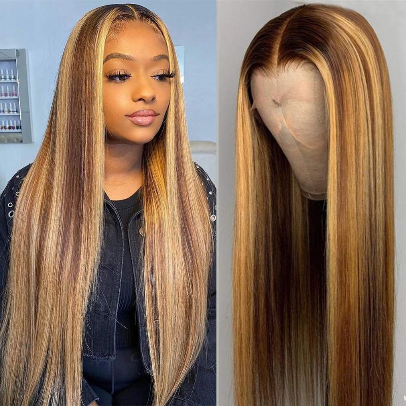 Photo 1 of 13x1 Lace Front Wigs Pre Plucked Straight Honey Blond Ombre Color Highlight 130% Lace Frontal Brazilian Virgin Human Hair Wigs with Baby Hair for Women 130% Density 16 Inch