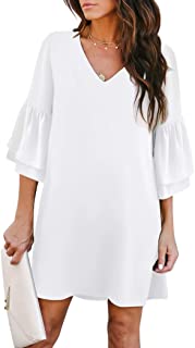 Photo 1 of BELONGSCI Women's Dress Sweet & Cute V-Neck Bell Sleeve Shift Dress Mini Dress, White, XL