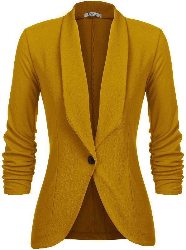 Photo 1 of Beyove Women's 3/4 Stretchy Ruched Sleeve Open Front Lightweight Work Office Blazer Jacket, Mustard, XXL