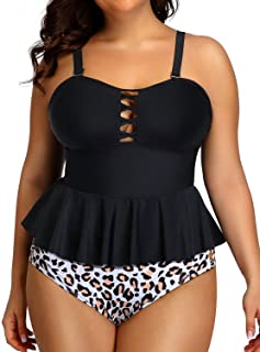 Photo 1 of Yonique Plus Size Swimsuits for Women Tummy Control Two Piece Bathing Suits Peplum Tankini Tops High Waisted Swimwear, Black & Leopard, Large