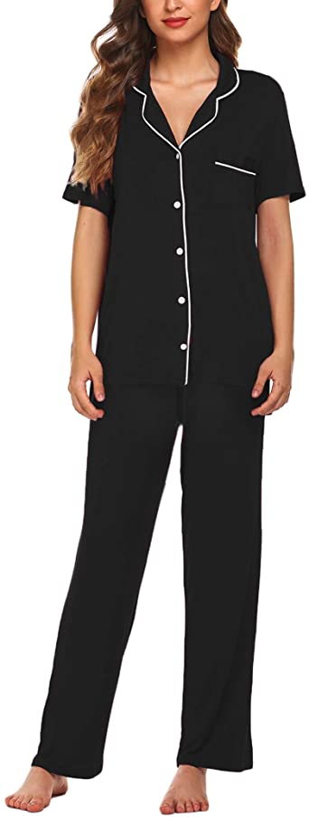 Photo 1 of Avidlove Women Pajamas Set Notch Collar Soft Sleepwear Pjs Short Sleeve Button Down Nightwear with Long Pants, Black, Large