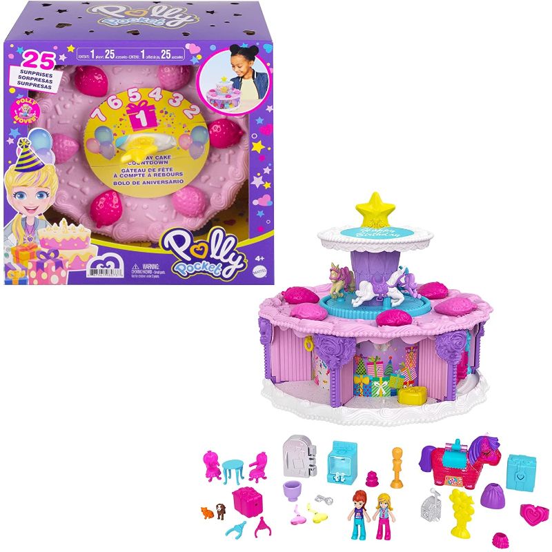 Photo 1 of Polly Pocket Birthday Cake Countdown for Birthday Week, Birthday Cake Shape & Package, 7 Play Areas, 25 Surprises, Makes a Great Birthday Gift for Ages 4 Years Old & Up