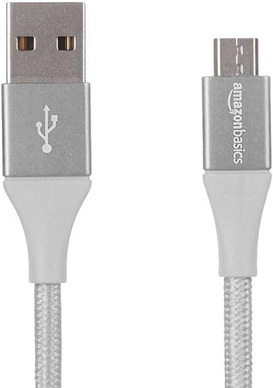 Photo 1 of Amazon Basics Double Braided Nylon USB 2.0 A to Micro B Cable, 6 Feet, Silver