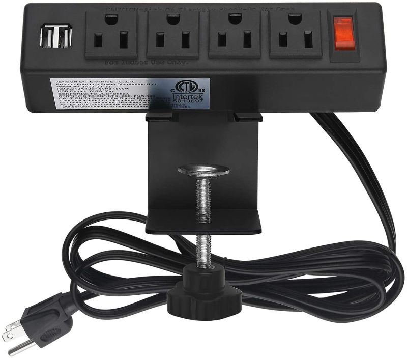 Photo 1 of Desk Clamp Power Strip, Desktop Power Outlet Clamp Mount with 2 USB Ports, 4 AC Outlets, Mountable Desk Outlet Removable Power Plugs with 6.56ft Cord (4AC2USB-Black)