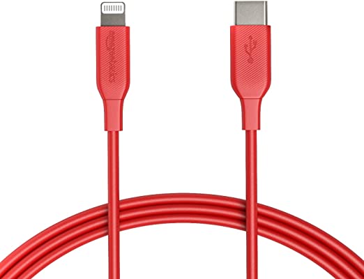 Photo 1 of Amazon Basics USB-C to Lightning Cable Cord, MFi Certified Charger for Apple iPhone 13/12/11, iPad, Red, 6-Ft