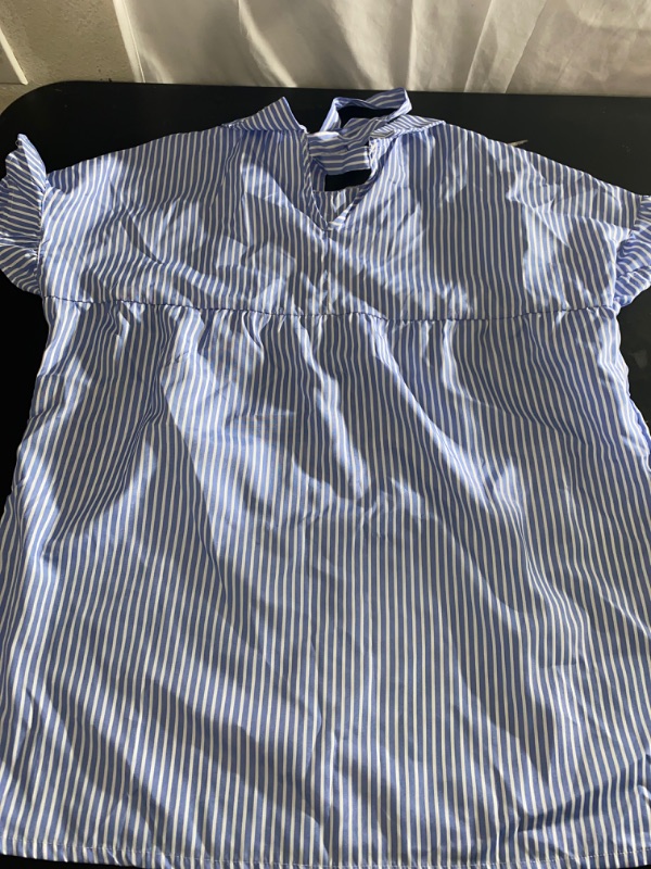 Photo 1 of Women's Loose Fit Sleeveless Ruffle Top, Blue/White Stripe, XL