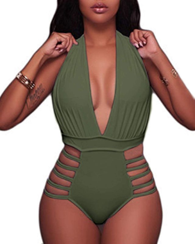 Photo 1 of Aqua Eve Women Sexy One Piece Swimsuits Halter Plunge V Neck Cutout Bathing Suits, Olive Green, Medium