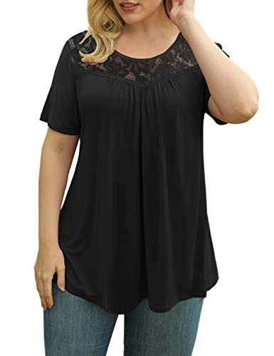Photo 1 of Ahlaray Women's Plus Size Shirt Summer Blouse Short Sleeve Lace Tunic Top Solid Color, Black, XL