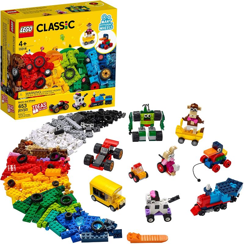 Photo 1 of LEGO Classic Bricks and Wheels 11014 Building Kit; Includes a Toy car, Train, Bus, Robot, Skateboarding Zebra, Race car, Bunny in a Wheelchair, and Much More, New 2021 (653 Pieces)