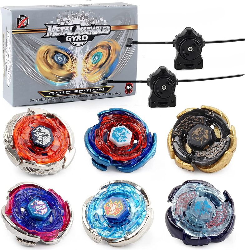 Photo 1 of Gyros 6 Pieces Pack, Battling Tops Metal Fusion Starter Set with Stickers Two Launchers