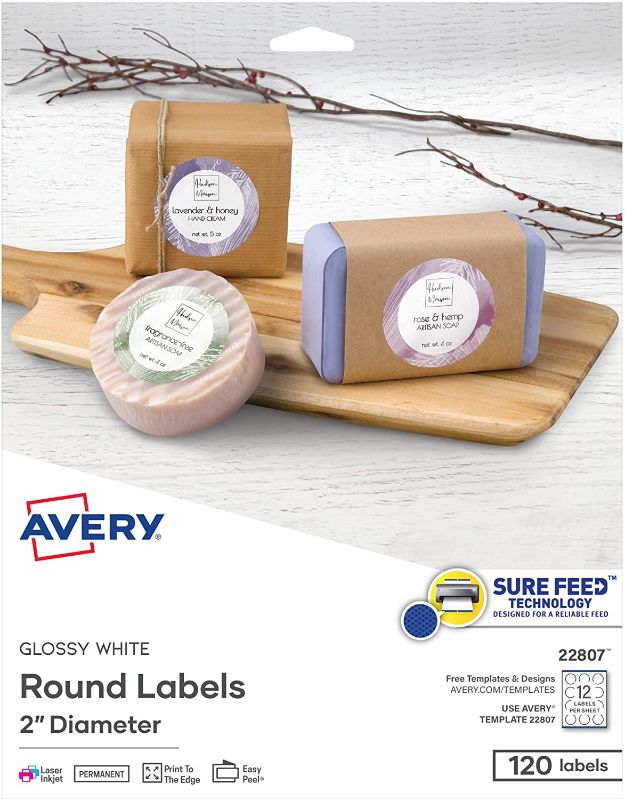 Photo 1 of Avery Printable Round Labels with Sure Feed, 2" Diameter, Glossy White, 120 Customizable Labels (22807)
