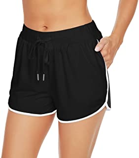 Photo 1 of Custer's Night Active Shorts Summer Running Athletic Shorts Women Dance Gym Workout Elastic Waist Shorts with Pockets, Black/White, Large