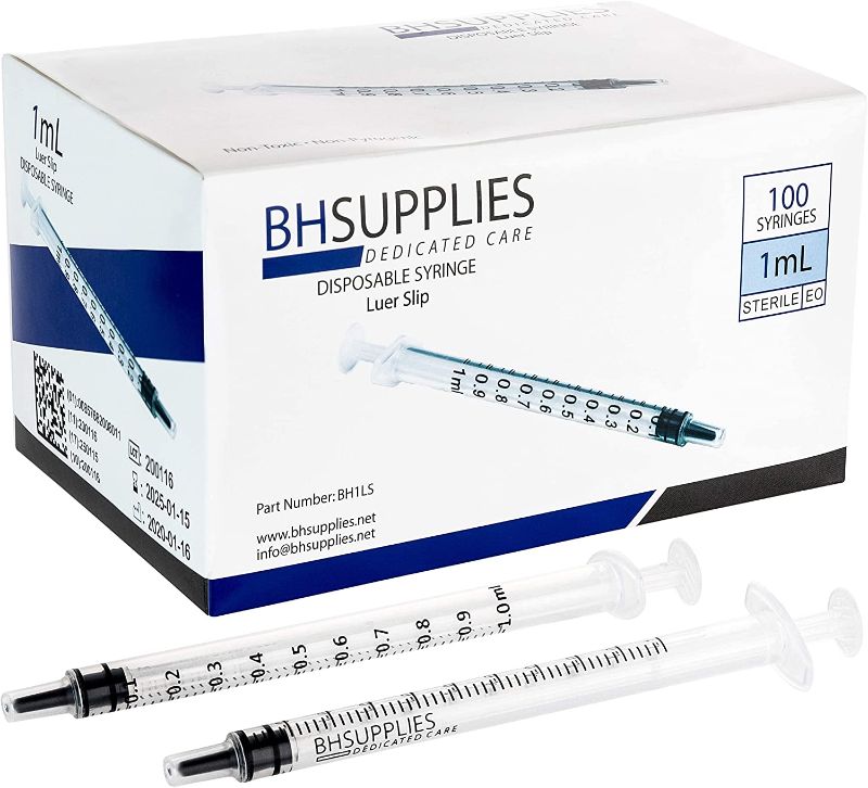 Photo 1 of 1ml Syringe Sterile with Luer Slip Tip - 100 Syringes by BH Supplies (No Needle) Individually Sealed (box is damaged) (items is new)