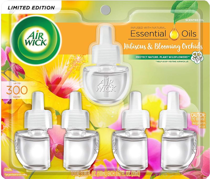 Photo 1 of Air Wick Plug in Scented Oil Refill Freshener Essential Oils, Hibiscus and Blooming Orchids, 5 Count
