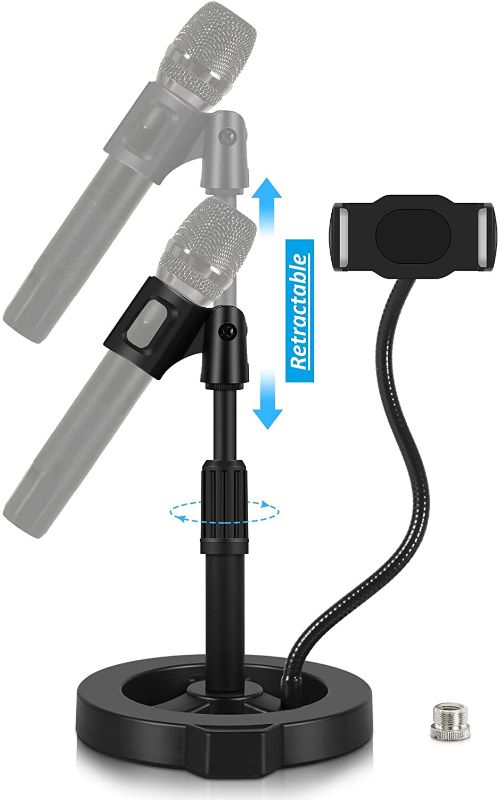 Photo 1 of Desktop Microphone Stand - GLCON Adjustable Desk Mic Stand with Microphone Clip Gooseneck Cell Phone Holder - Table Mic Stand for Podcast Streaming Recording studio Singing Meeting
