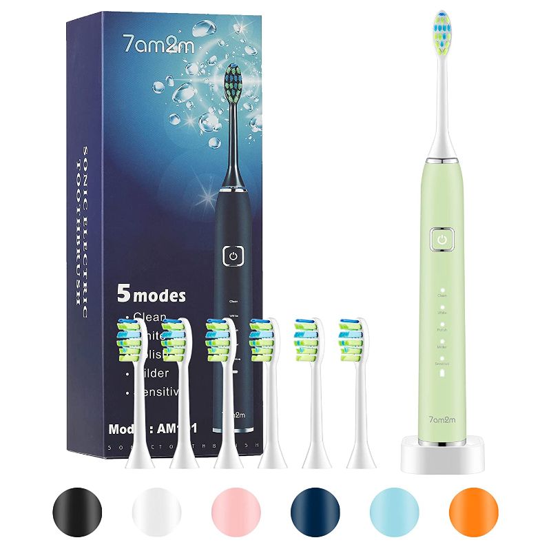 Photo 1 of 7am2m Sonic Electric Toothbrush with 6 Brush Heads for Adults and Kids,Wireless Fast Charge, One Charge for 60 Days, 5 Modes with 2 Minutes Build in Smart Timer, Electric Toothbrushes(Green)
